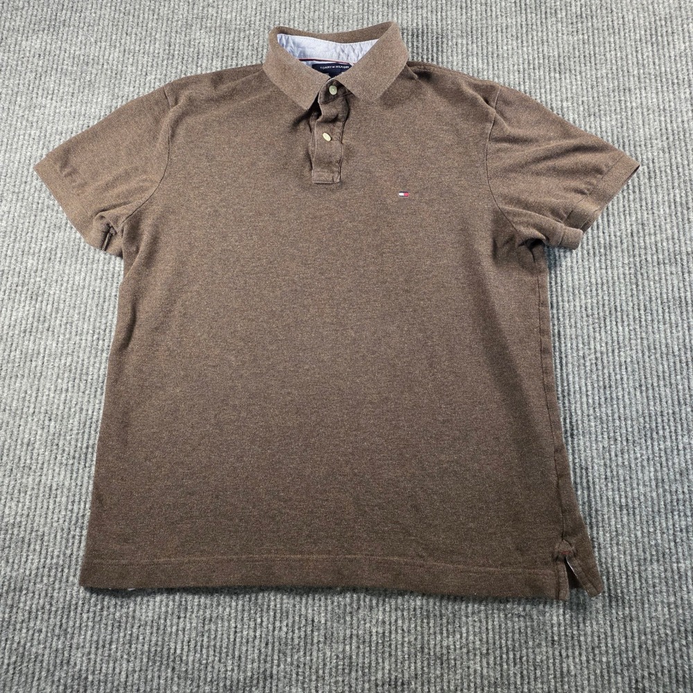 Tommy Hilfiger Mens Custom Fit Polo Shirt Brown Marl Pique Short‎ Sleeve Large